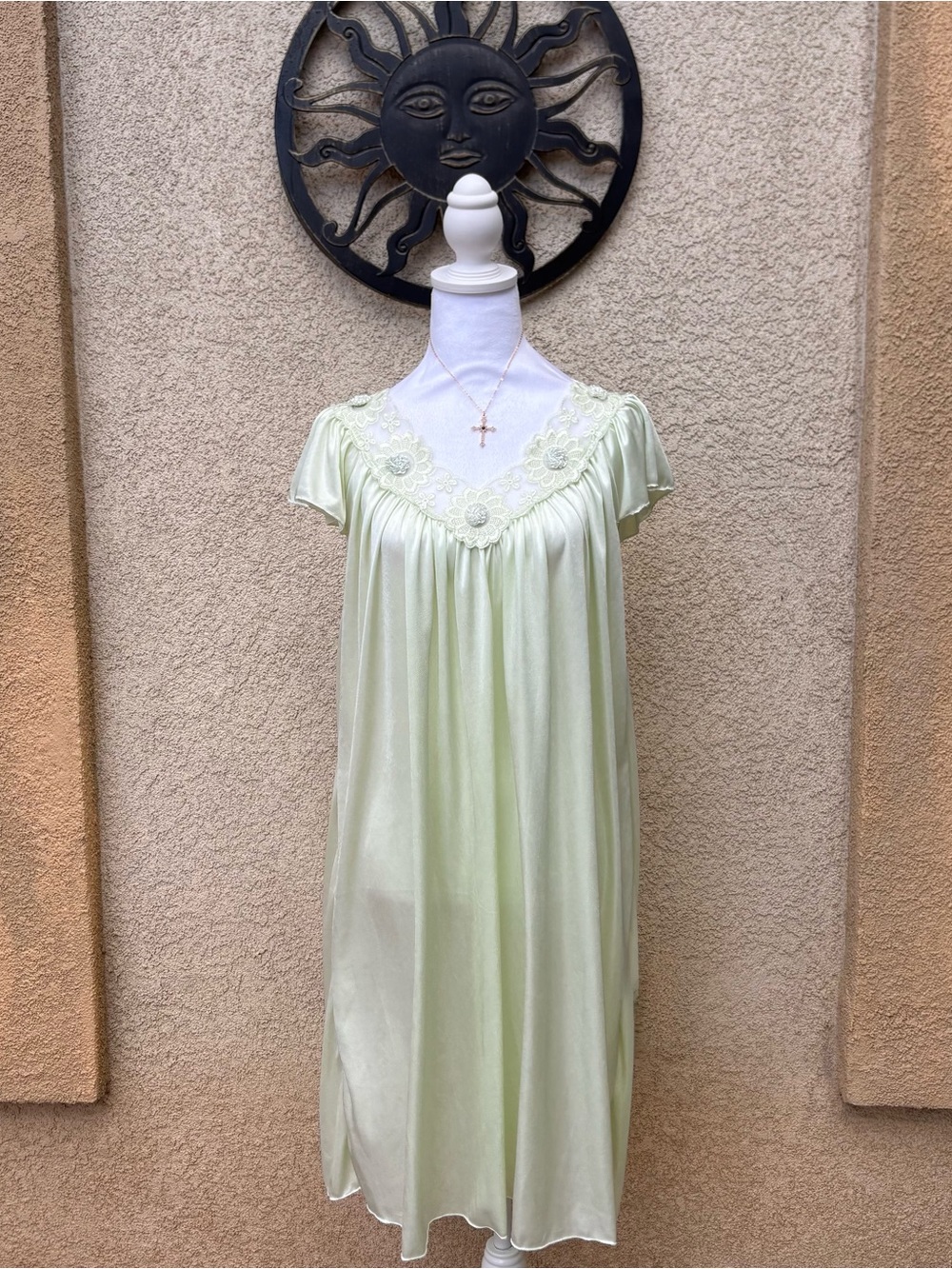 Sindrella Vintage Green Floral Detail Slinky Maxi Sleep Dress Sleepwear 80s